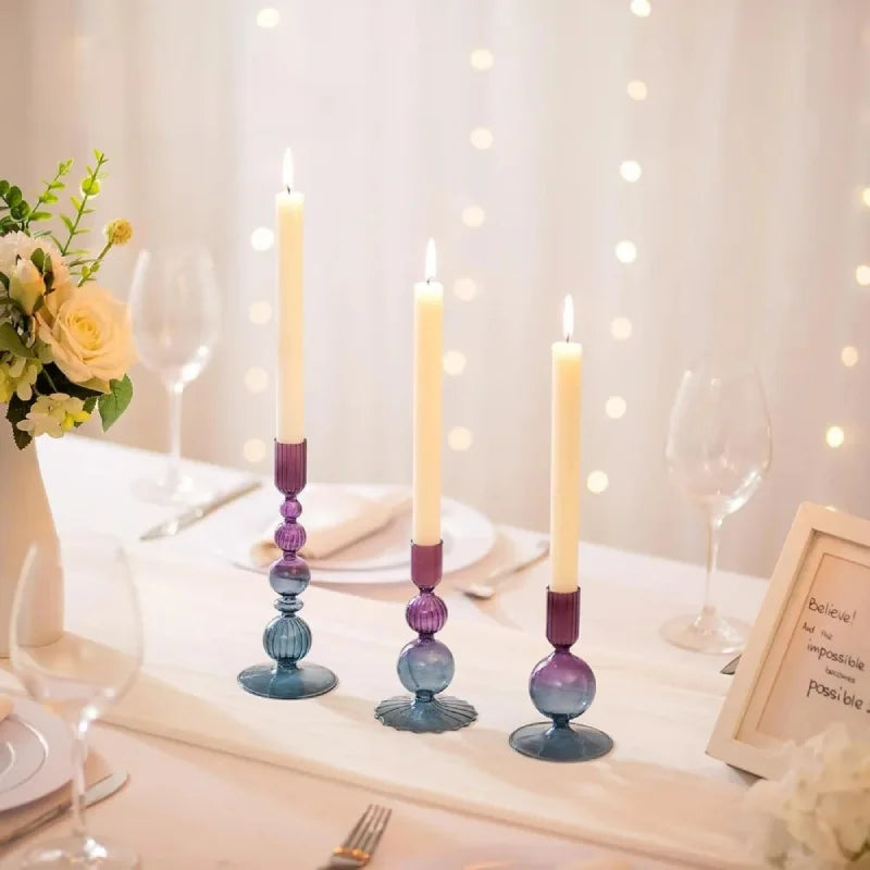 Colorful glass taper candle holders with ribbed and gradient design, set of 3 decorative centerpiece candlesticks