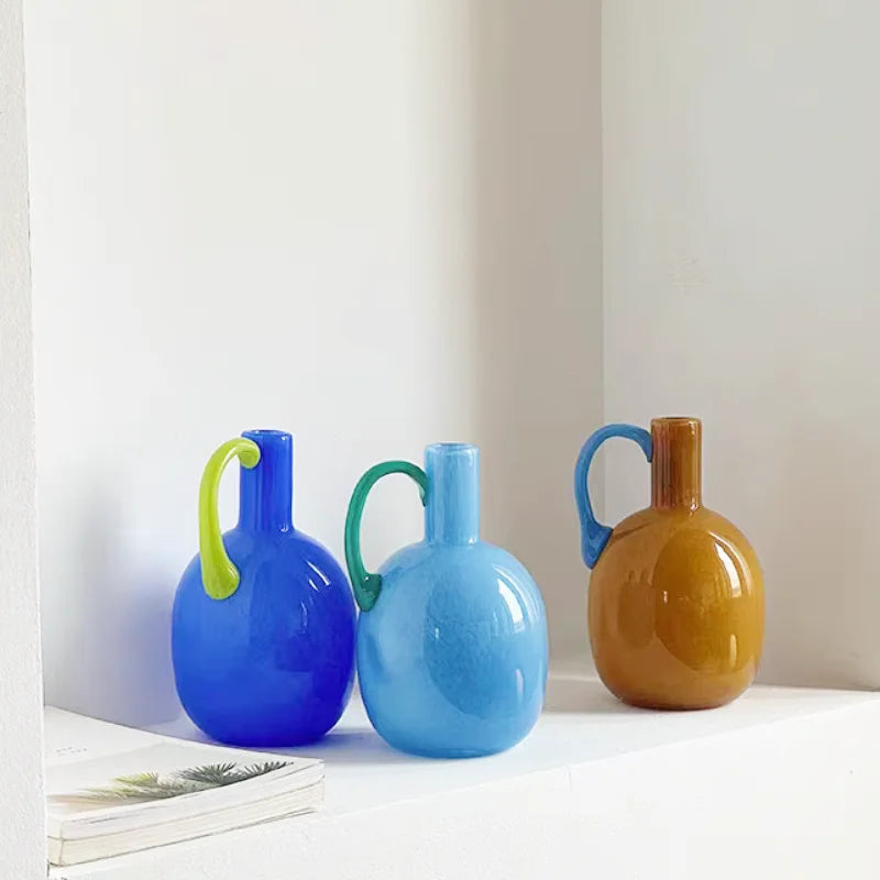Single Ear Glass Vase Single Handle Retro Modern Home Decor Table Accent for Flowers or Hydroponics