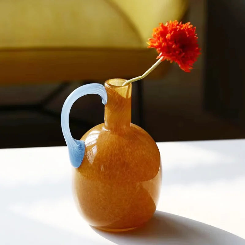Single Ear Glass Vase Single Handle Retro Modern Home Decor Table Accent for Flowers or Hydroponics