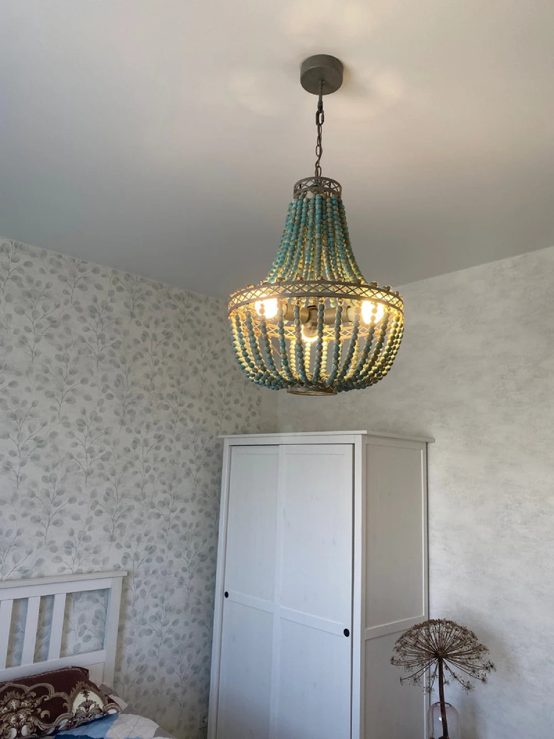 Rustic pendant lamp with wooden beads vintage style