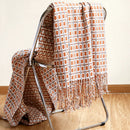 Vintage geometric knitted throw blanket with tassels in houndstooth and grid patterns