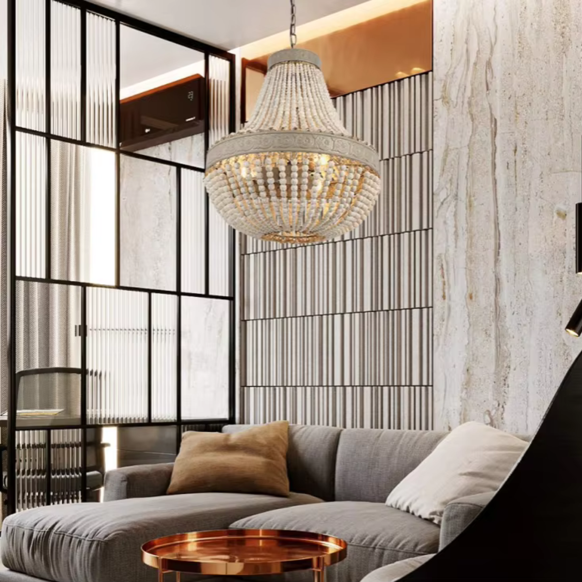 Rustic pendant lamp with wooden beads vintage style