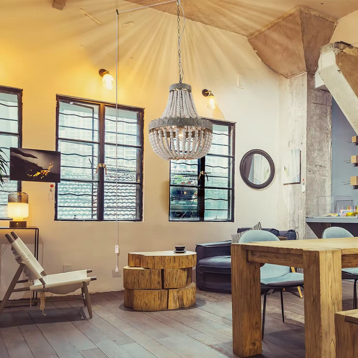 Rustic pendant lamp with wooden beads vintage style