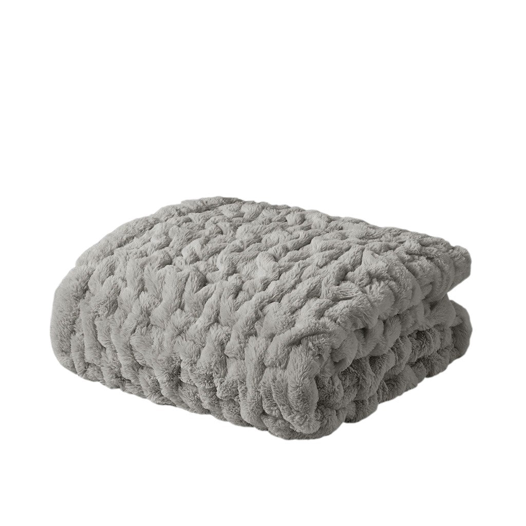 Ruched Faux Fur Throw Blanket Plush Textured Soft Cozy Sofa or Bed Accent