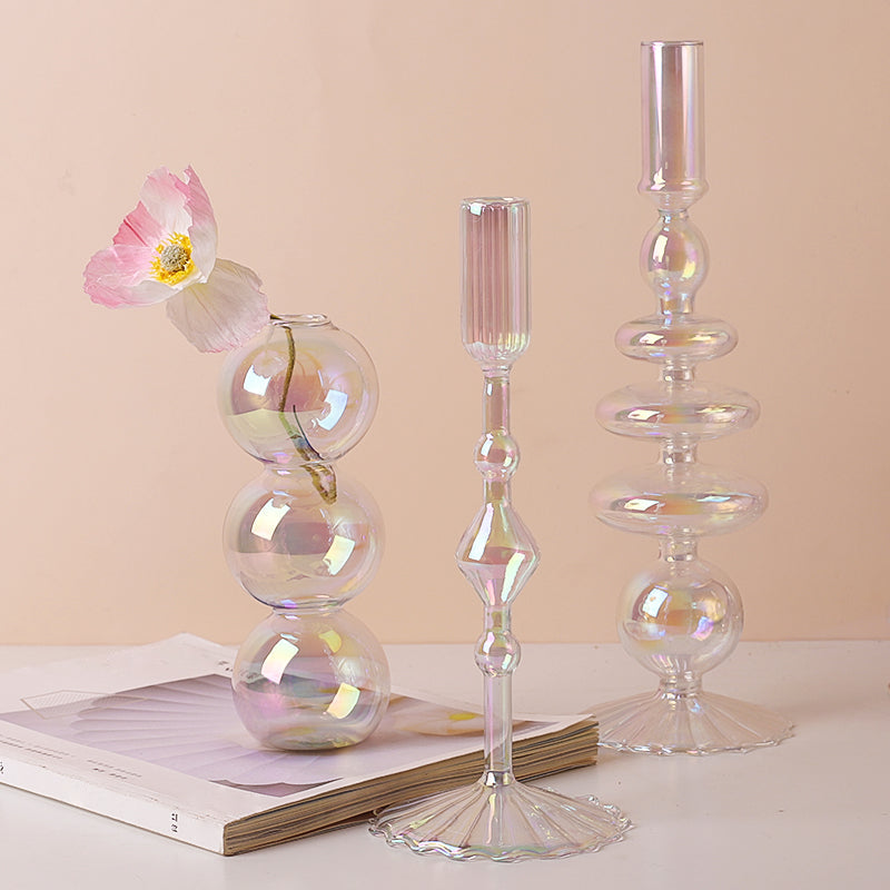 Clear Rainbow Iridescent Blown Glass Candle Holder