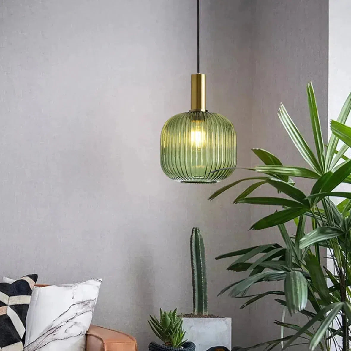 Gema Ripple Glass Pendant Light rippled glass shade cognac brass and iron accents adjustable 1.2m cord