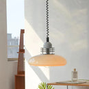 Simone Retractable Retro LED Pendant beige stained-glass shade chrome details iron frame 35cm dia retractable cord