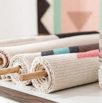 Wall Hanging tapestry with geometric designs, made of Woven cotton with tassel fringe and wooden hanging dowel