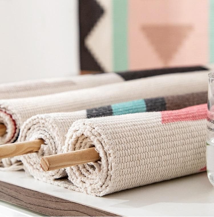 Wall Hanging tapestry with geometric designs, made of Woven cotton with tassel fringe and wooden hanging dowel