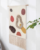 Wall Hanging tapestry with geometric designs, made of Woven cotton with tassel fringe and wooden hanging dowel