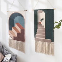 Wall Hanging tapestry with geometric designs, made of Woven cotton with tassel fringe and wooden hanging dowel