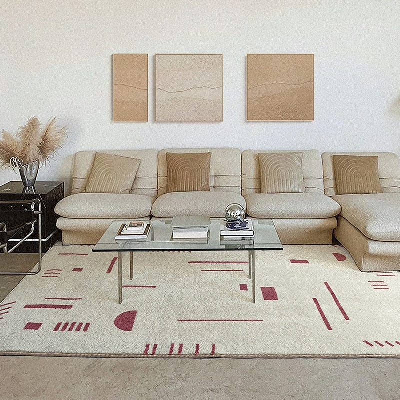Persian Style Soft Geometric Area Rug Modern Minimalistic Ivory Red