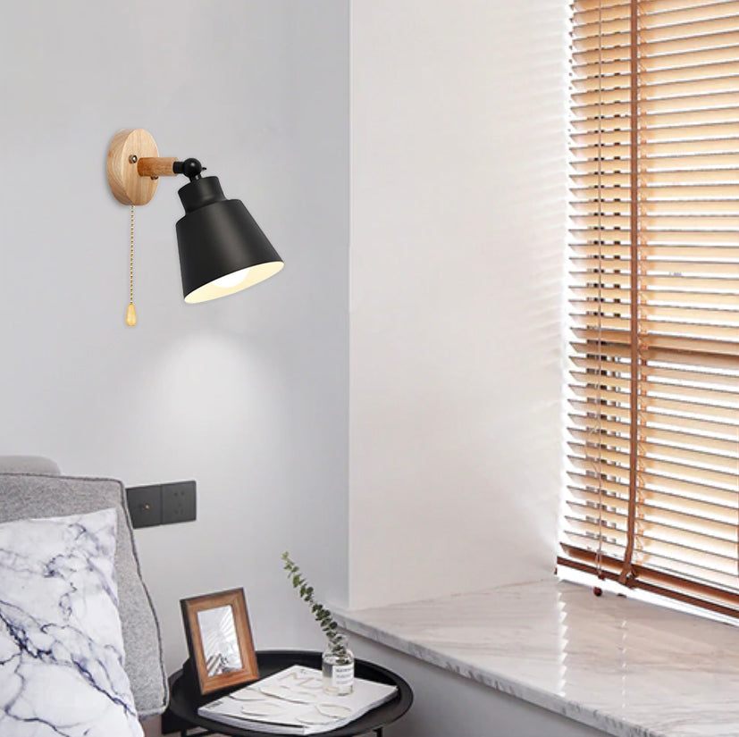 Rotating Cone Shape Wall Sconce in Wood and Metal black with pull chain switch
