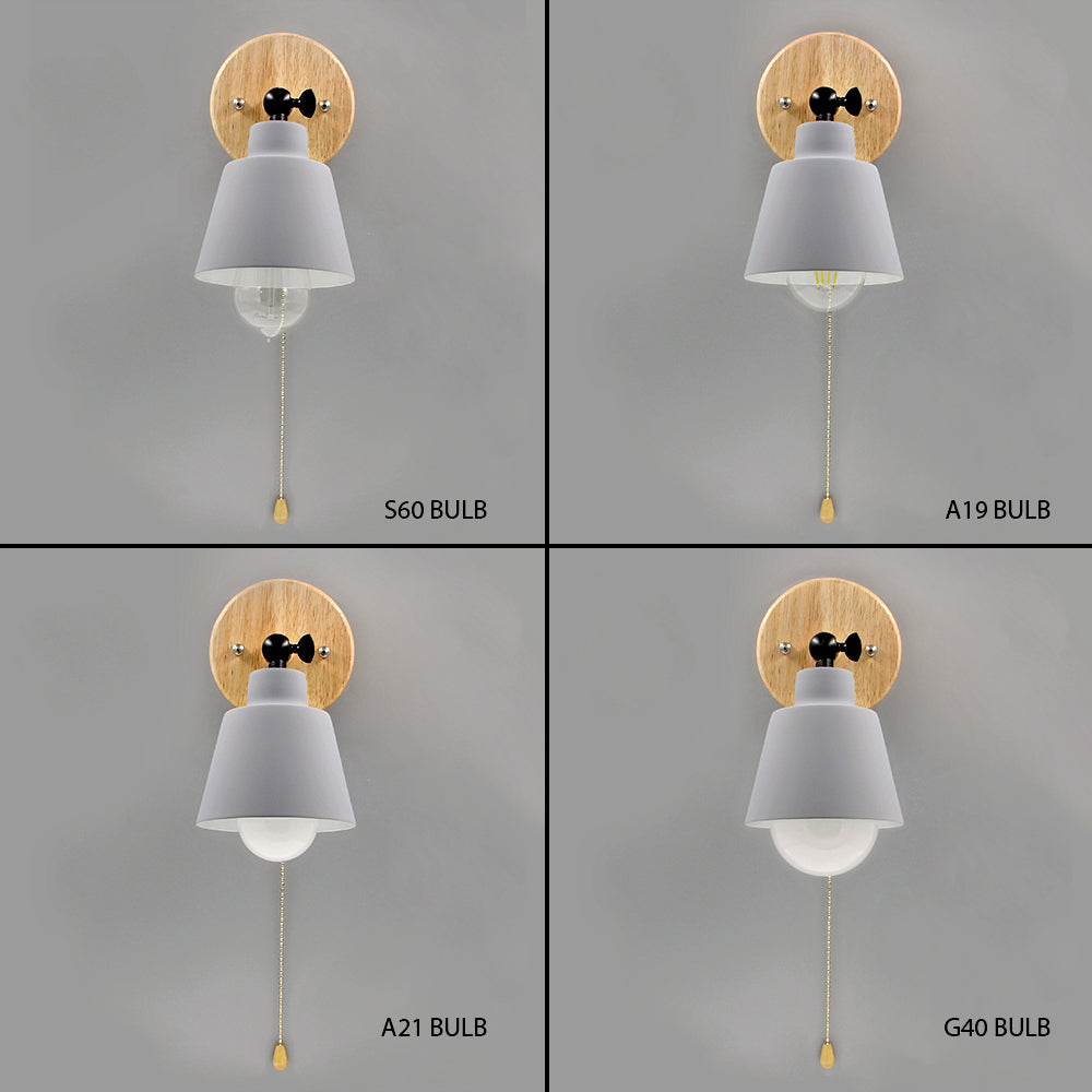 Rotating Cone Shape Wall Sconce in Wood and Metal Grey with pull chain switch