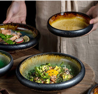 Round Blue Yellow Green Glazed Shore Deep Dish Plate