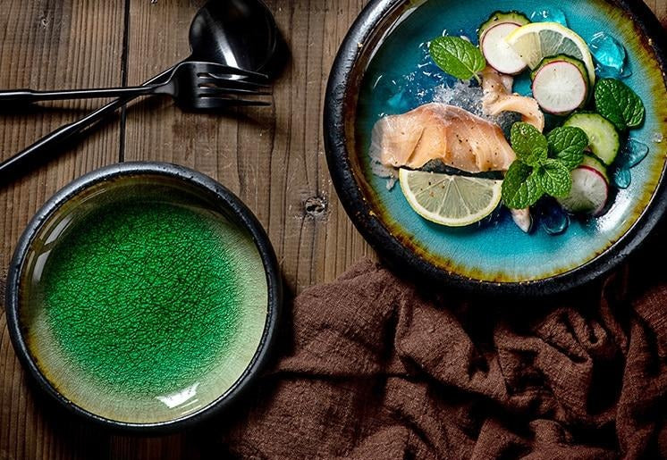 Round Blue Green Glazed Shore Deep Dish Plate
