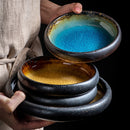 Round Blue Yellow Glazed Shore Deep Dish Plate