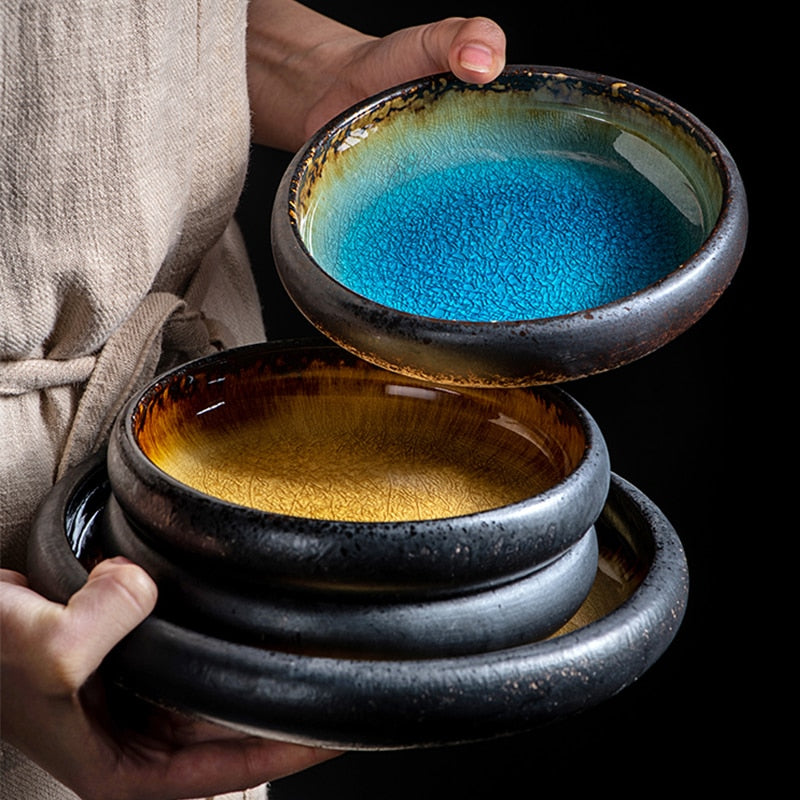 Round Blue Yellow Glazed Shore Deep Dish Plate
