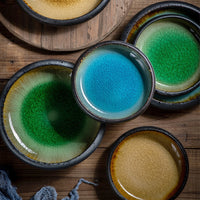 Round Blue Yellow Green Glazed Shore Deep Dish Plate