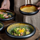 Round Yellow Green Glazed Shore Deep Dish Plate