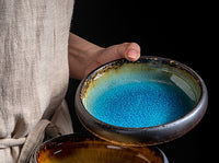 Round Blue Yellow Glazed Shore Deep Dish Plate