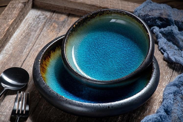 Round Blue Glazed Shore Deep Dish Plate