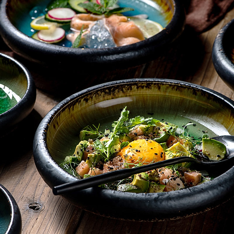 Round Blue Green Glazed Shore Deep Dish Plate