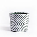 Round Chrome Plated Cement Minimalist Line Pattern Design Flower Pot With Holes White