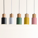 Ingrid wood and metal cylinder pendant light with natural wood accent and brushed nickel canopy