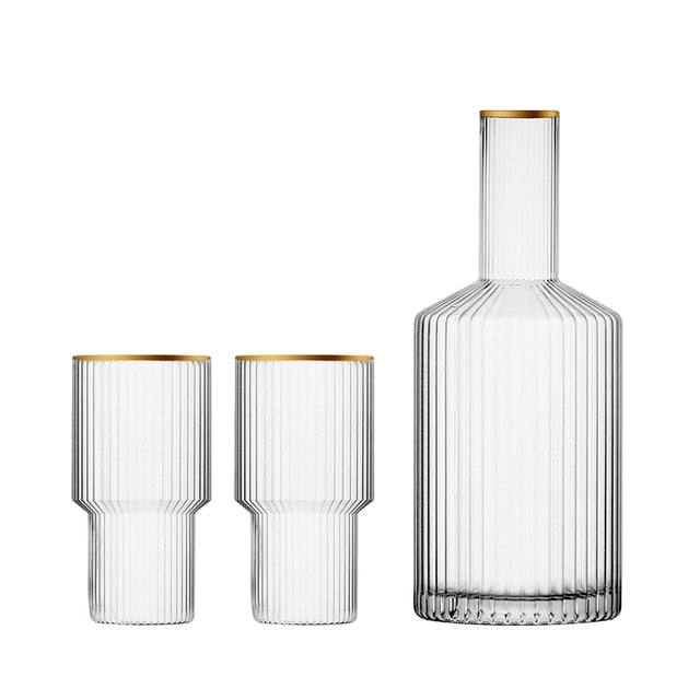 cylinder borosilicate textured glass with gold mouth trimmings pitcher and cups fern living textured cups