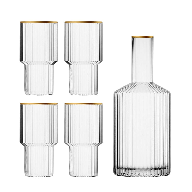 cylinder borosilicate textured glass with gold mouth trimmings pitcher and cups fern living textured cups