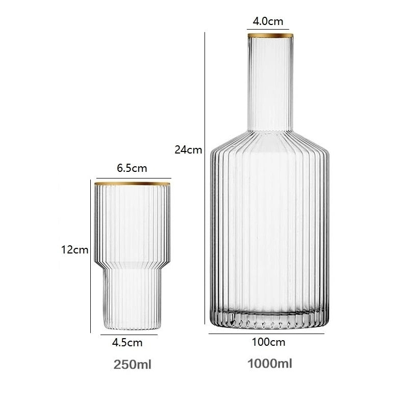 cylinder borosilicate textured glass with gold mouth trimmings pitcher and cups fern living textured cups