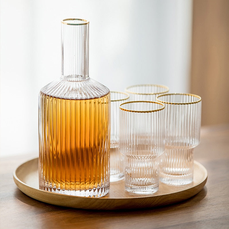 cylinder borosilicate textured glass with gold mouth trimmings pitcher and cups fern living textured cups