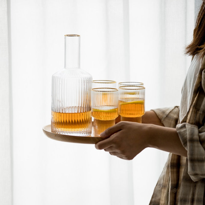 cylinder borosilicate textured glass with gold mouth trimmings pitcher and cups fern living textured cups