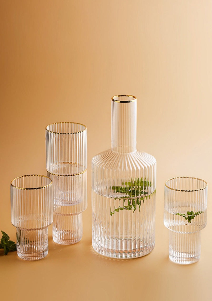 cylinder borosilicate textured glass with gold mouth trimmings pitcher and cups fern living textured cups