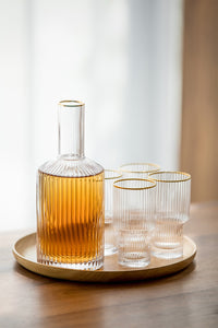 cylinder borosilicate textured glass with gold mouth trimmings pitcher and cups fern living textured cups
