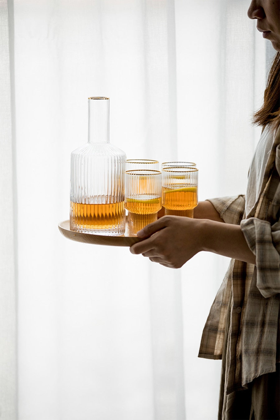 cylinder borosilicate textured glass with gold mouth trimmings pitcher and cups fern living textured cups