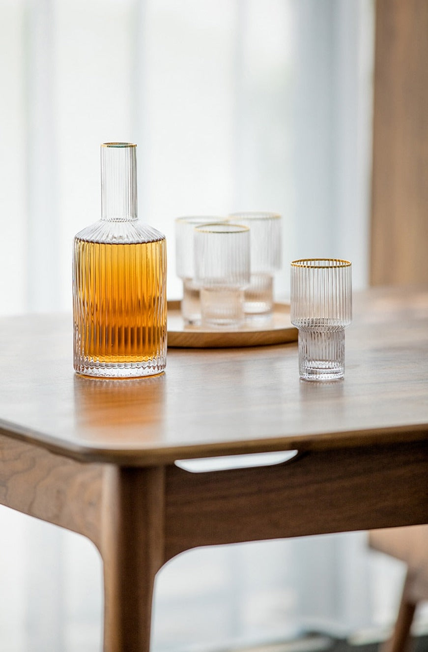 cylinder borosilicate textured glass with gold mouth trimmings pitcher and cups fern living textured cups