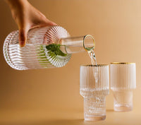 cylinder borosilicate textured glass with gold mouth trimmings pitcher and cups fern living textured cups