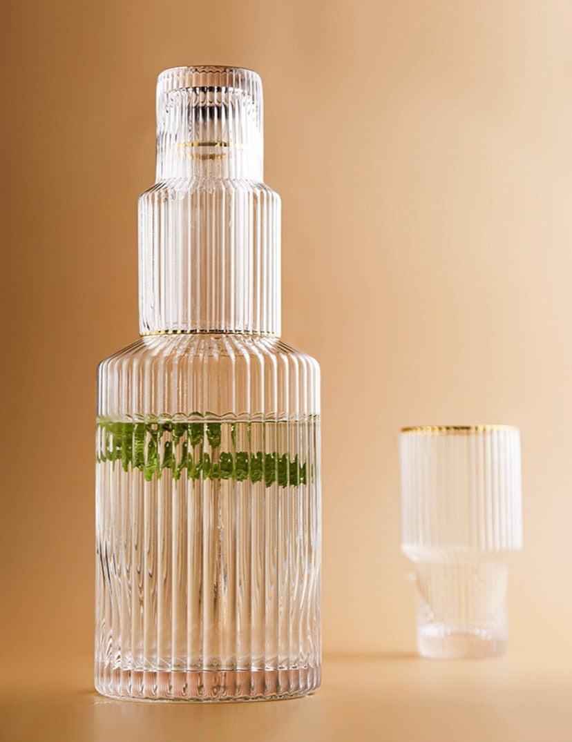 cylinder borosilicate textured glass with gold mouth trimmings pitcher and cups fern living textured cups