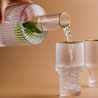 cylinder borosilicate textured glass with gold mouth trimmings pitcher and cups fern living textured cups