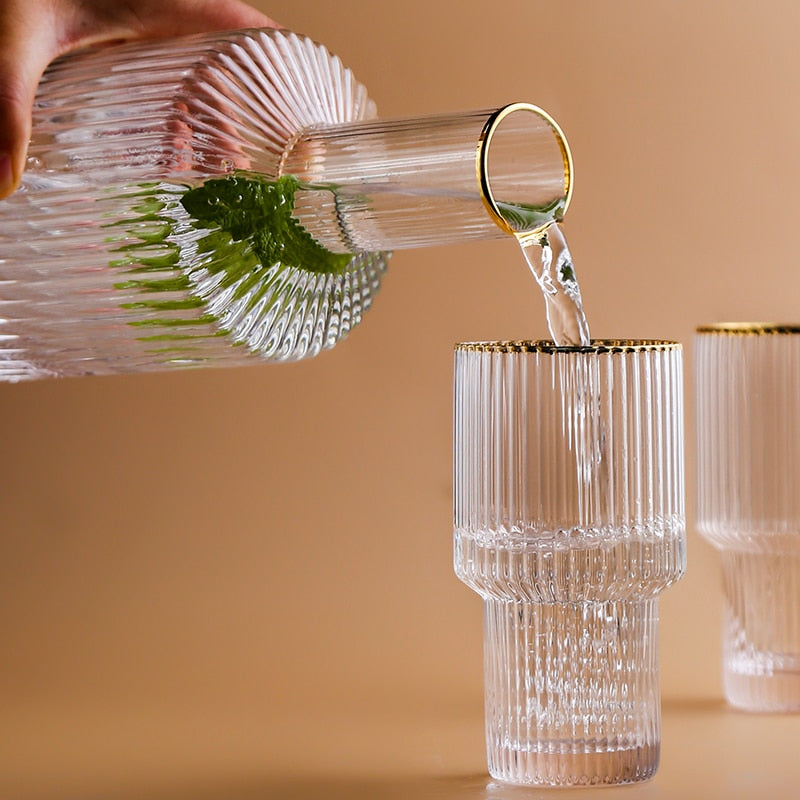 cylinder borosilicate textured glass with gold mouth trimmings pitcher and cups fern living textured cups