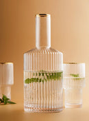 cylinder borosilicate textured glass with gold mouth trimmings pitcher and cups fern living textured cups