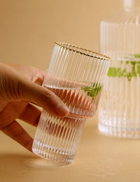 cylinder borosilicate textured glass with gold mouth trimmings pitcher and cups fern living textured cups