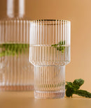 cylinder borosilicate textured glass with gold mouth trimmings pitcher and cups fern living textured cups