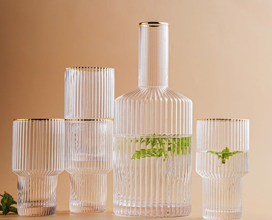 cylinder borosilicate textured glass with gold mouth trimmings pitcher and cups fern living textured cups