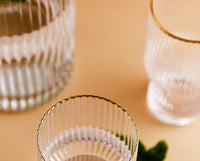 cylinder borosilicate textured glass with gold mouth trimmings pitcher and cups fern living textured cups