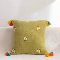 Fluffy Embroidered Multicolored Tassel Pillow Cover Avocado