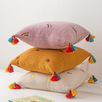Fluffy Embroidered Multicolored Tassel Pillow Cover