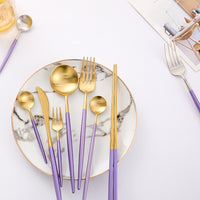 Stainless Steel Mirror Polish Finish Purple and Gold Cutlery Set